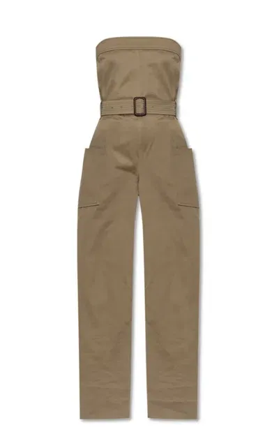 Saint Laurent Strapless Belted Cotton Jumpsuit In Beige