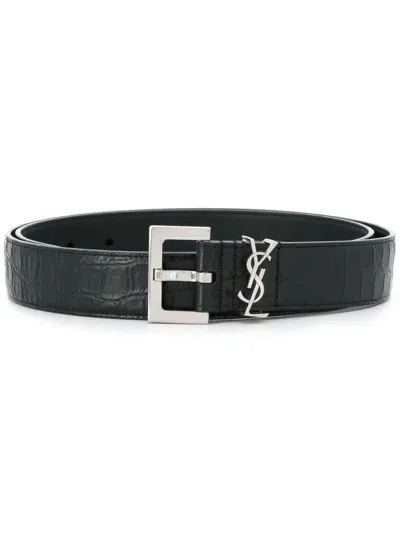 Saint Laurent Logo Plaque Embossed Belt In Black