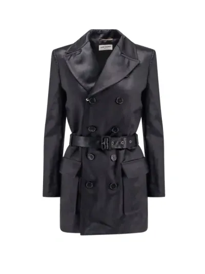 Saint Laurent Biologic Cotton Trench With Shoulder Pads In Black