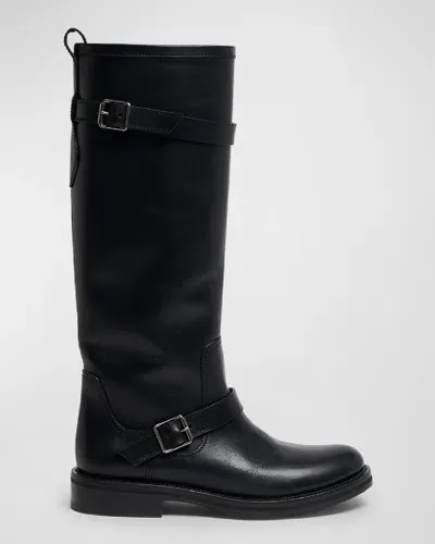 Saint Laurent Biork Leather Buckle Biker Boots In Black