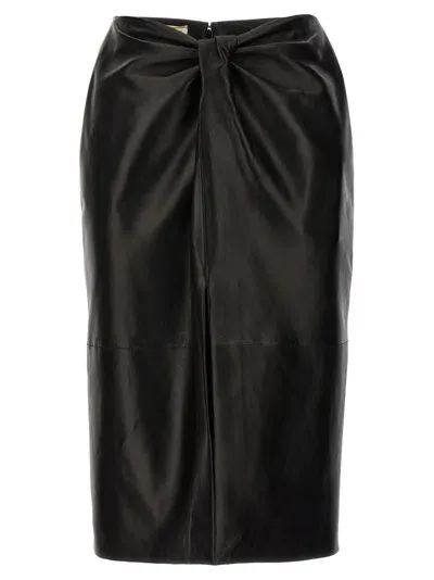 Saint Laurent Ruched Detail Leather Skirt In Black