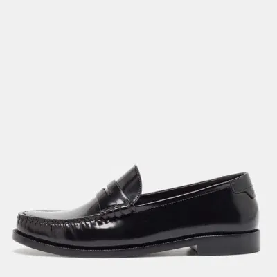 Pre-owned Saint Laurent Black Brushed Leather Penny Loafers Size 38.5