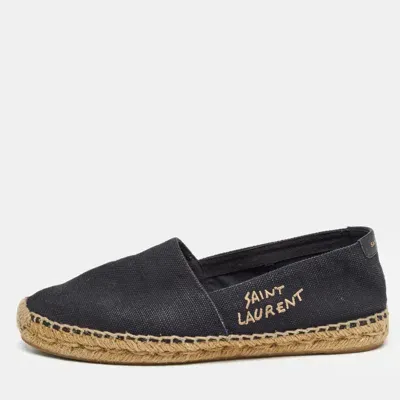 Pre-owned Saint Laurent Black Canvas Embroidered Espadrille Flats Size 38