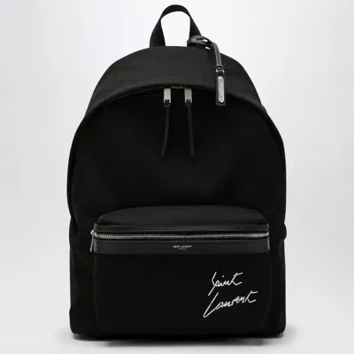 Saint Laurent Black City Backpack With Embroidery And Leather Trim In Green