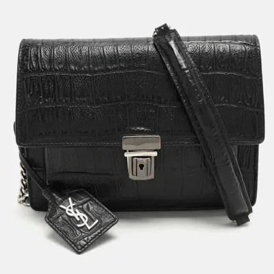 Pre-owned Saint Laurent Black Croc Embossed Leather Push Lock Shoulder Bag