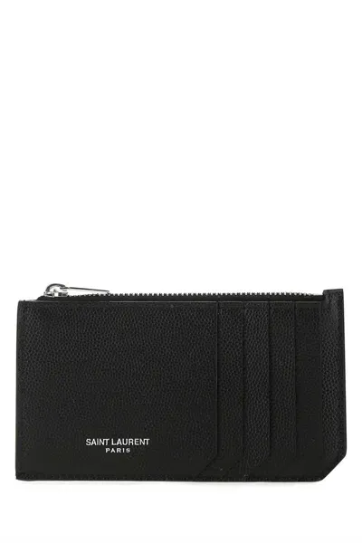 Saint Laurent Black Leather Card Holder In Nero