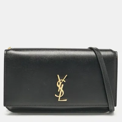 Pre-owned Saint Laurent Black Leather Cassandre Phone Holder Crossbody Bag