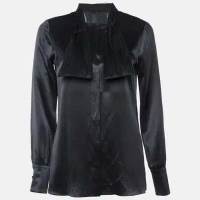 Pre-owned Saint Laurent Black Satin Silk Neck Detail Shirt S