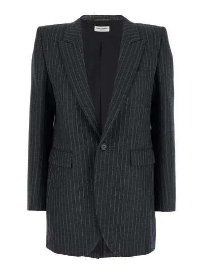 Saint Laurent Black Single-breasted Jacket With Peak Revers In Flannel Woman In Grey