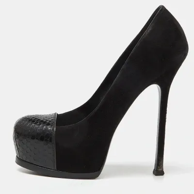 Pre-owned Saint Laurent Black Suede And Snakeskin Cap Toe Tribtoo Platform Pumps Size 38.5