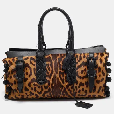 Pre-owned Saint Laurent Black/brown Leopard Print Calfhair And Leather Pom Pom Duffel Bag