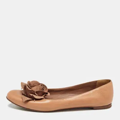 Pre-owned Saint Laurent Brown Leather Rose Applique Ballet Flats Size 38.5