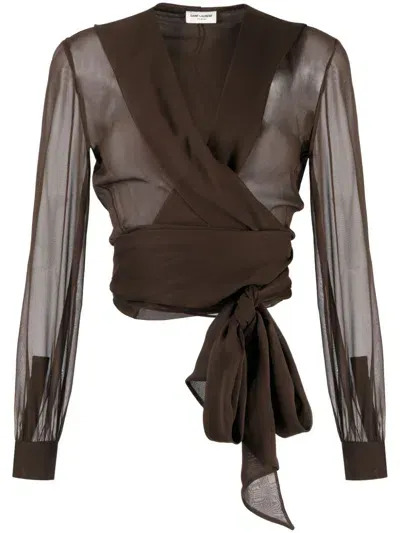 Saint Laurent Hooded Organic Silk Blouse In Brown