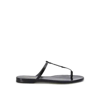 Saint Laurent Cassandra Leather Flat Sandals In Black