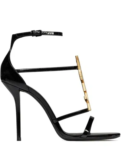 Saint Laurent Cassandra Patent Leather Heel Sandals In Black