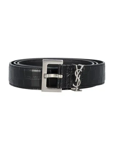 Saint Laurent Cassandre Belt In Crocodile-embossed Leather In Black