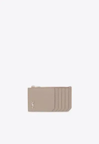 Saint Laurent Tiny Cassandre Fragments Zipped Card Case In Beige