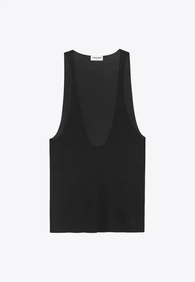 Saint Laurent Silk Tank Top With Monogram Detail In Black