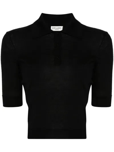 Saint Laurent Cassandre-embroidery Polo Top In Black