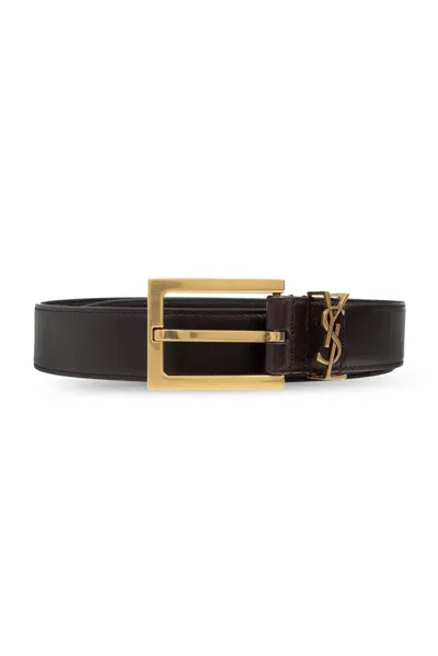 Saint Laurent Cassandre Logo Plaque Belt In Brown