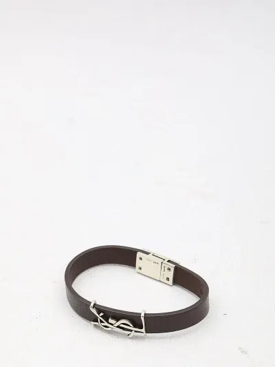 Saint Laurent Cassandre Logo Plaque Bracelet In Brown