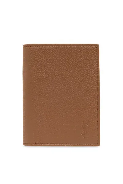 Saint Laurent Cassandre Shadow Credit Card Wallet In Brown