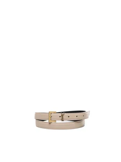 Saint Laurent Cassandre Thin Leather Belt In Beige