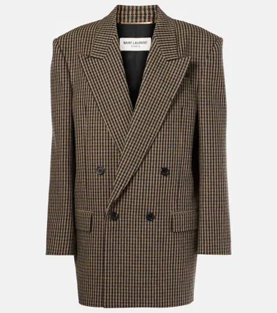 Saint Laurent Checked Oversized Wool-blend Blazer In Beige