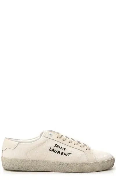 Saint Laurent Statement Raffia Court Sneakers For Fashionable Women In Panna