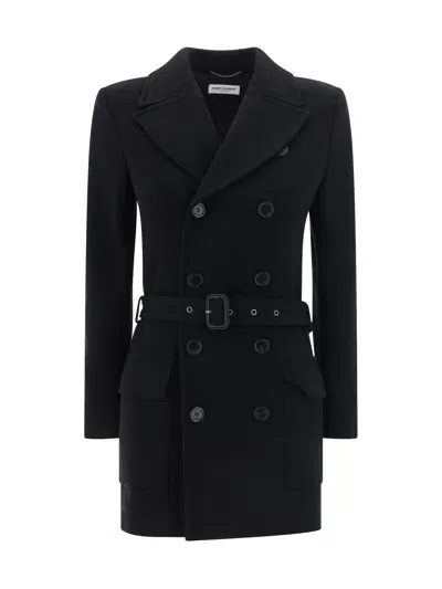 Saint Laurent Wool Coat In Black