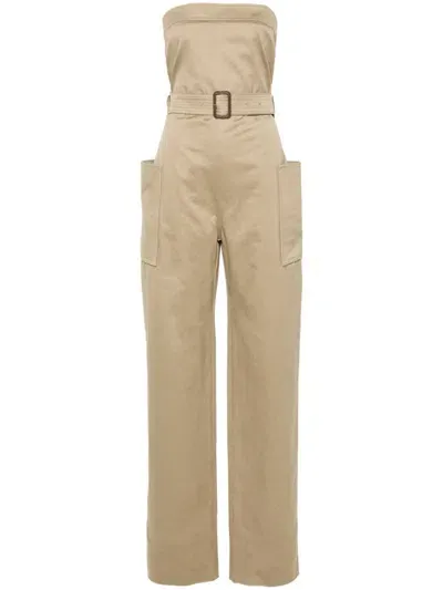 Saint Laurent Chic Beige Strapless Cotton Jumpsuit