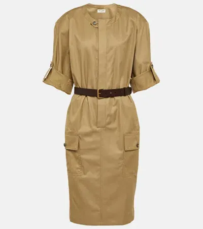 Saint Laurent Cotton Twill Midi Dress In Beige Fonce