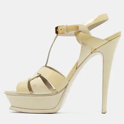 Pre-owned Saint Laurent Cream Patent Leather Tribute Sandals Size 39