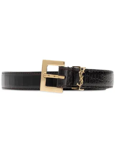 Saint Laurent Crocodille-effect Belt In Brown