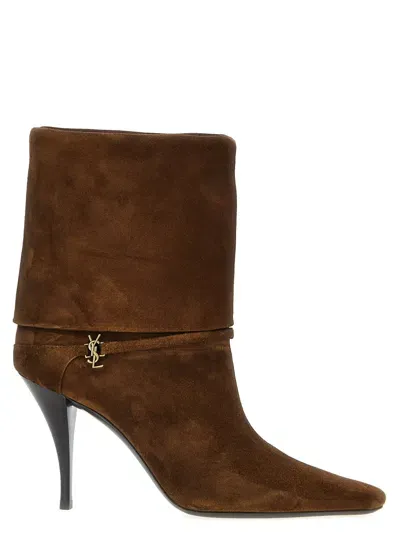 Saint Laurent Dark Brown Ricky Ankle Boots In Beige