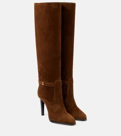 Saint Laurent Diane Suede Knee-high Boots In Brown