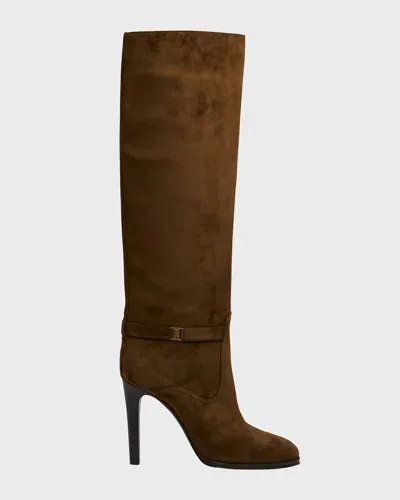 Saint Laurent Diane Suede Ysl Buckle Knee Boots In Land