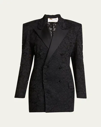 Saint Laurent Double-breasted Lace Tuxedo Blazer In Nero