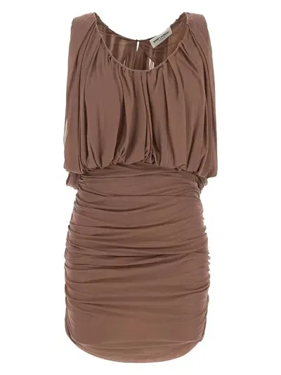 Saint Laurent Draped Sleeveless Dress In Brown