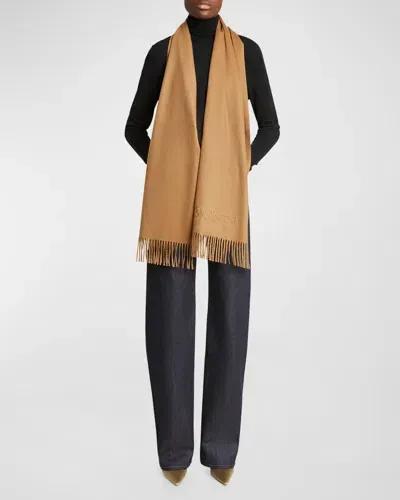 Saint Laurent Embroidered Logo Fringe Cashmere Scarf In Camel