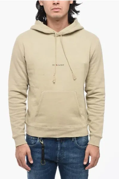 Saint Laurent Fleeced Cotton Red Cube Hoodie In Brown