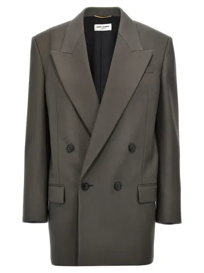 Saint Laurent Gabardine Double Breasted Blazer In Grey