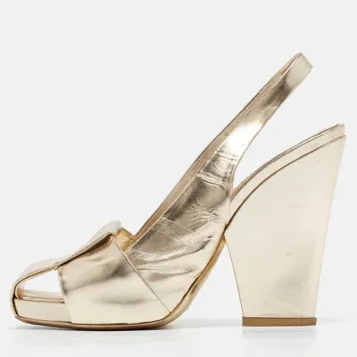 Pre-owned Saint Laurent Gold Leather Cut Out Slingback Pumps Size 38