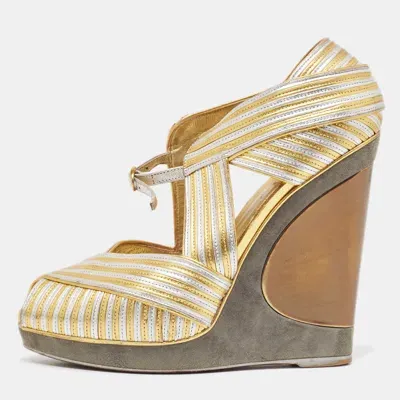 Pre-owned Saint Laurent Gold/silver Leather And Suede Peep Toe Wedge Pumps 37.5 In Metallic