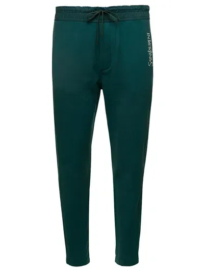 Saint Laurent Green Jogging Pants With Drawstring And Logo Embroidery In Cotton Man In Vert/naturel