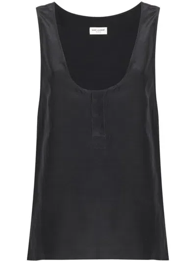 Saint Laurent Henley-neck Silk Tank Top In Grey