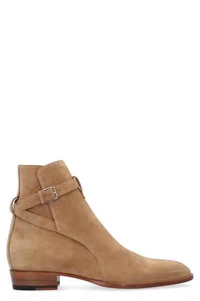 Saint Laurent Jodhpur Suede Ankle Boots In Beige