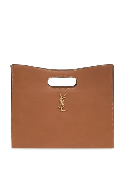 Saint Laurent Junon Logo Plaque Tote Bag In Brown