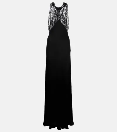 Saint Laurent Lace-trimmed Silk Charmeuse Gown In Black