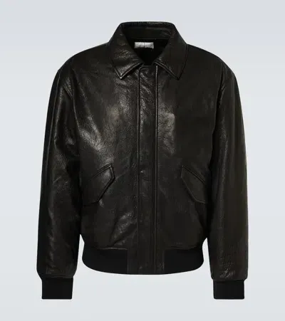 Saint Laurent Leather Bomber Jacket In Black